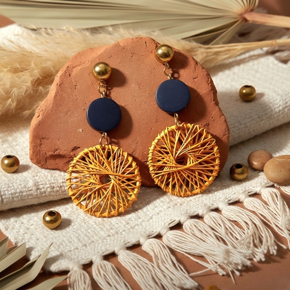 Boho Chic Handwoven Spiral Navy Wood Gold Dangle Earrings Handmade Jewelry - Picture 15 of 15